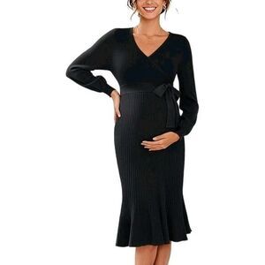 V FOR CITY Small Black Maternity Sweater Dress Baby‎ Shower Party Wrap Puff Slve